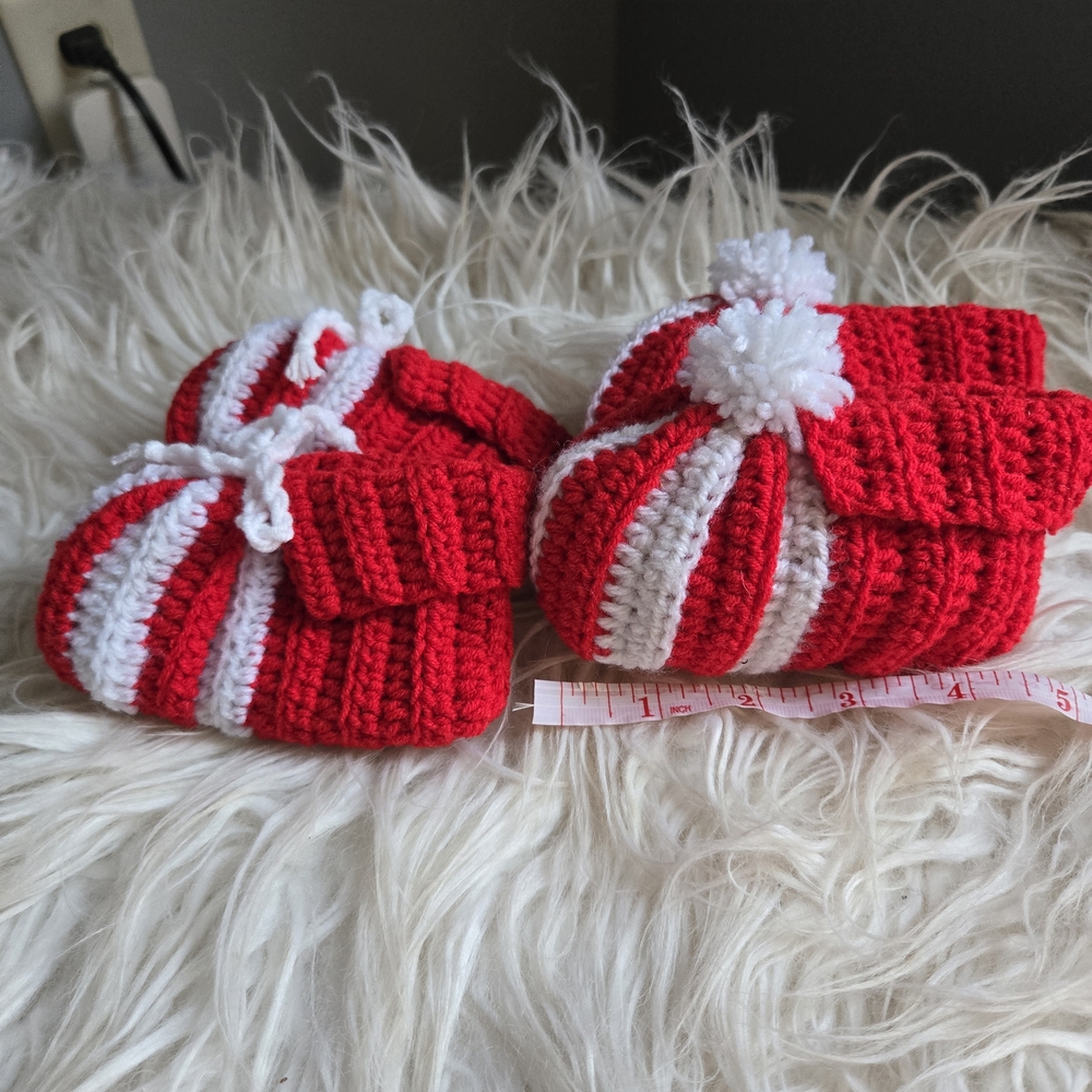 Red and White Knitted Baby Booties
